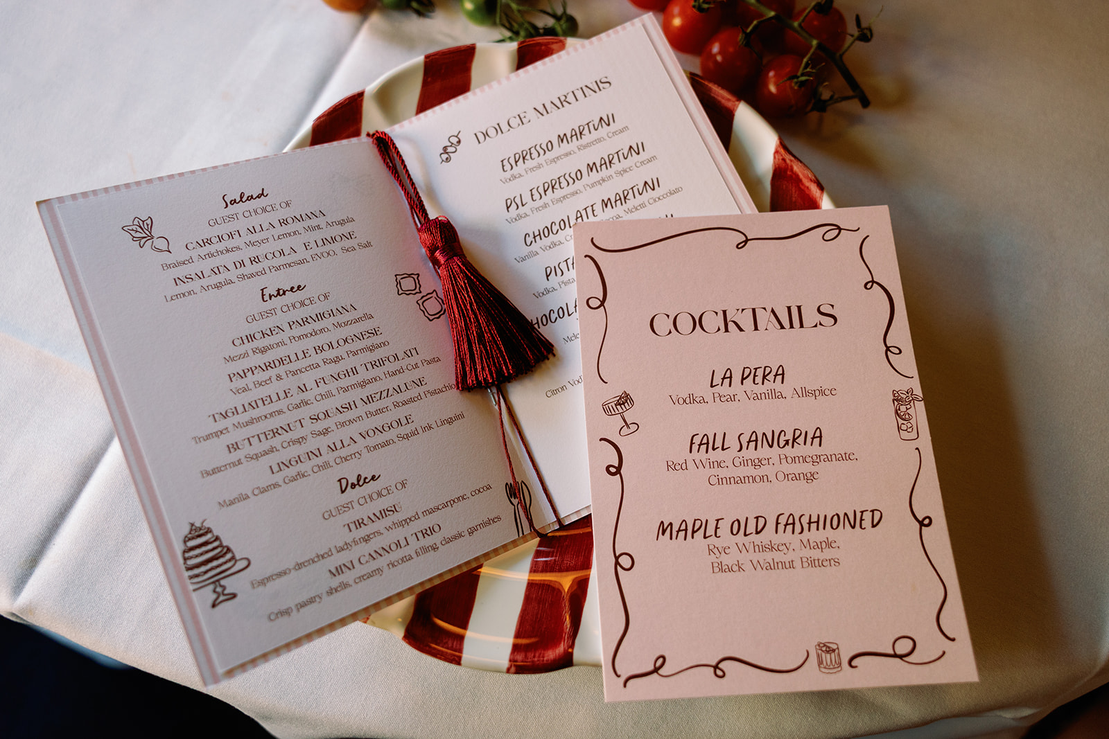 Rehearsal Dinner menu and cocktail sign from Elegant Eustis Estate Wedding weekend