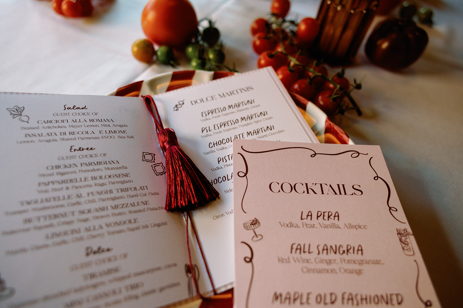 Rehearsal Dinner menu and cocktail sign from Elegant Eustis Estate Wedding weekend