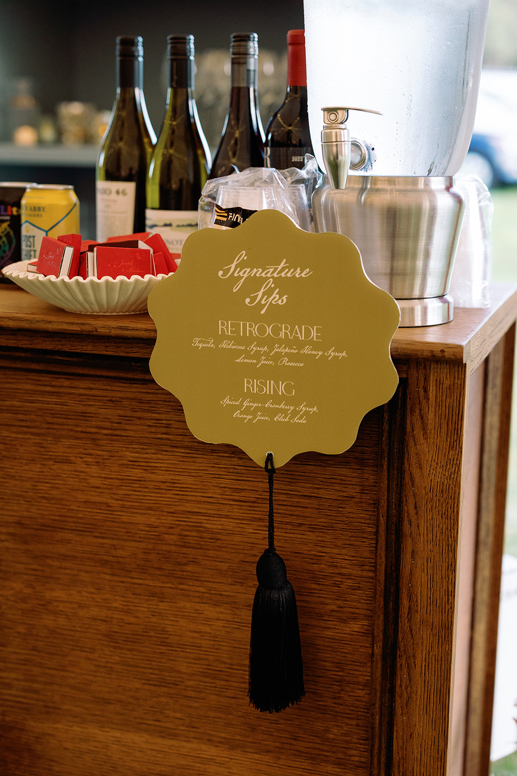 die cut bar sign with tassel from Elegant Eustis Estate Wedding with Playful, Personal Details
