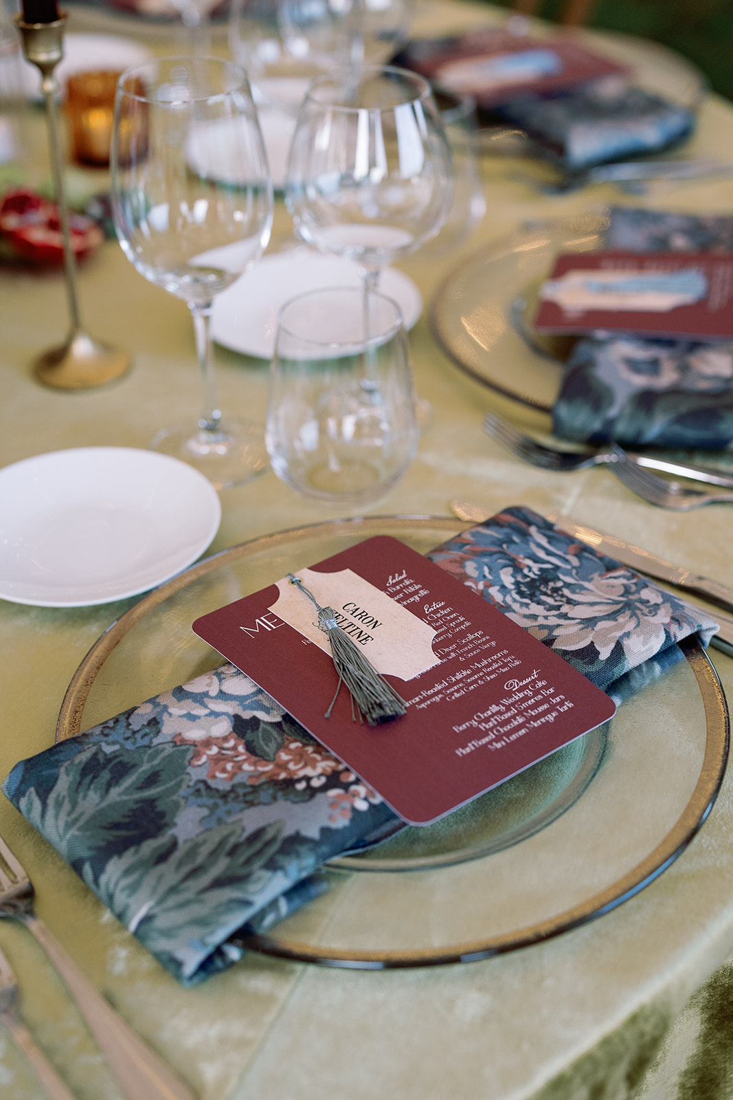 custom menus at tablescape from Elegant Eustis Estate Wedding 