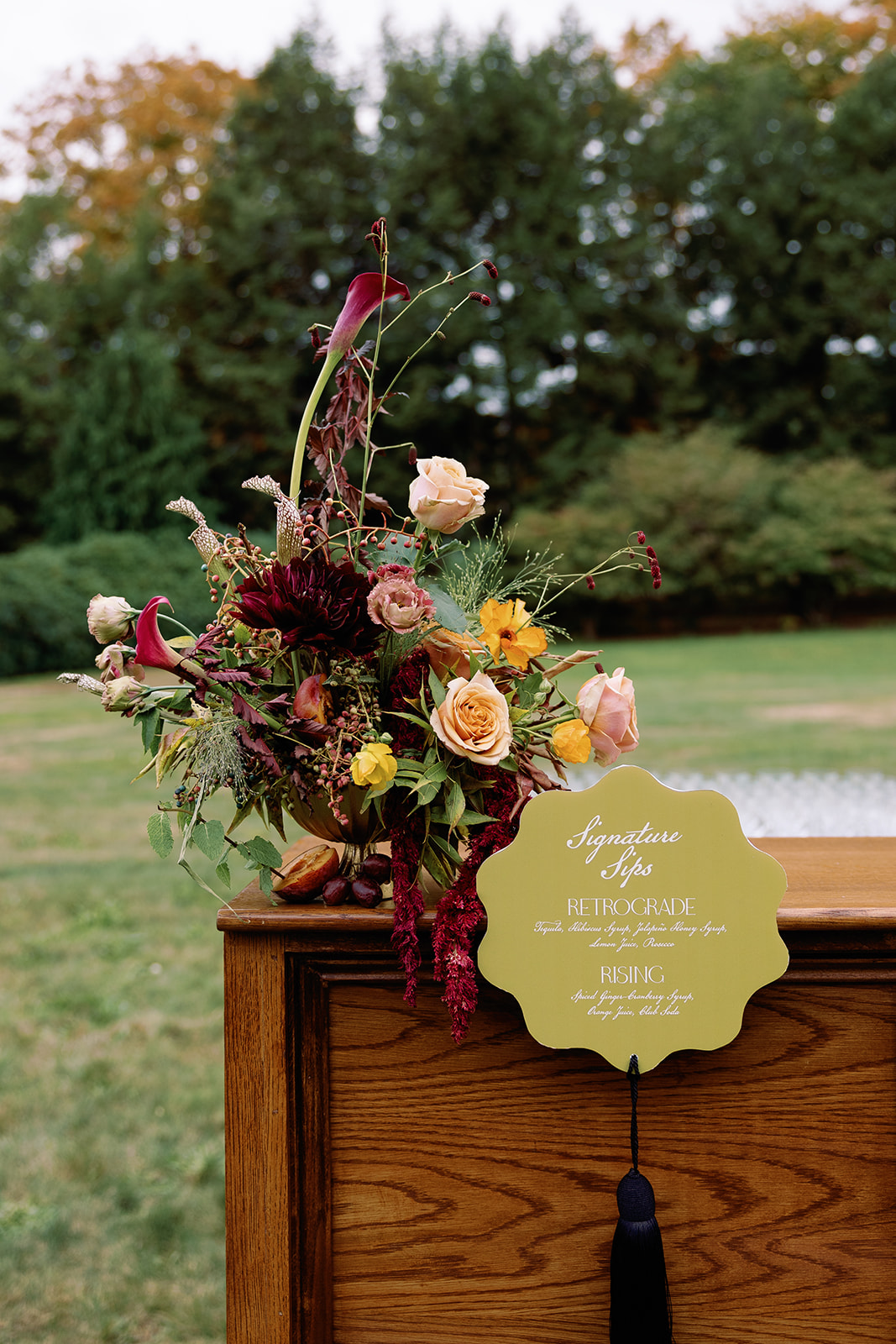 die cut bar sign with tassel from Elegant Eustis Estate Wedding with Playful, Personal Details