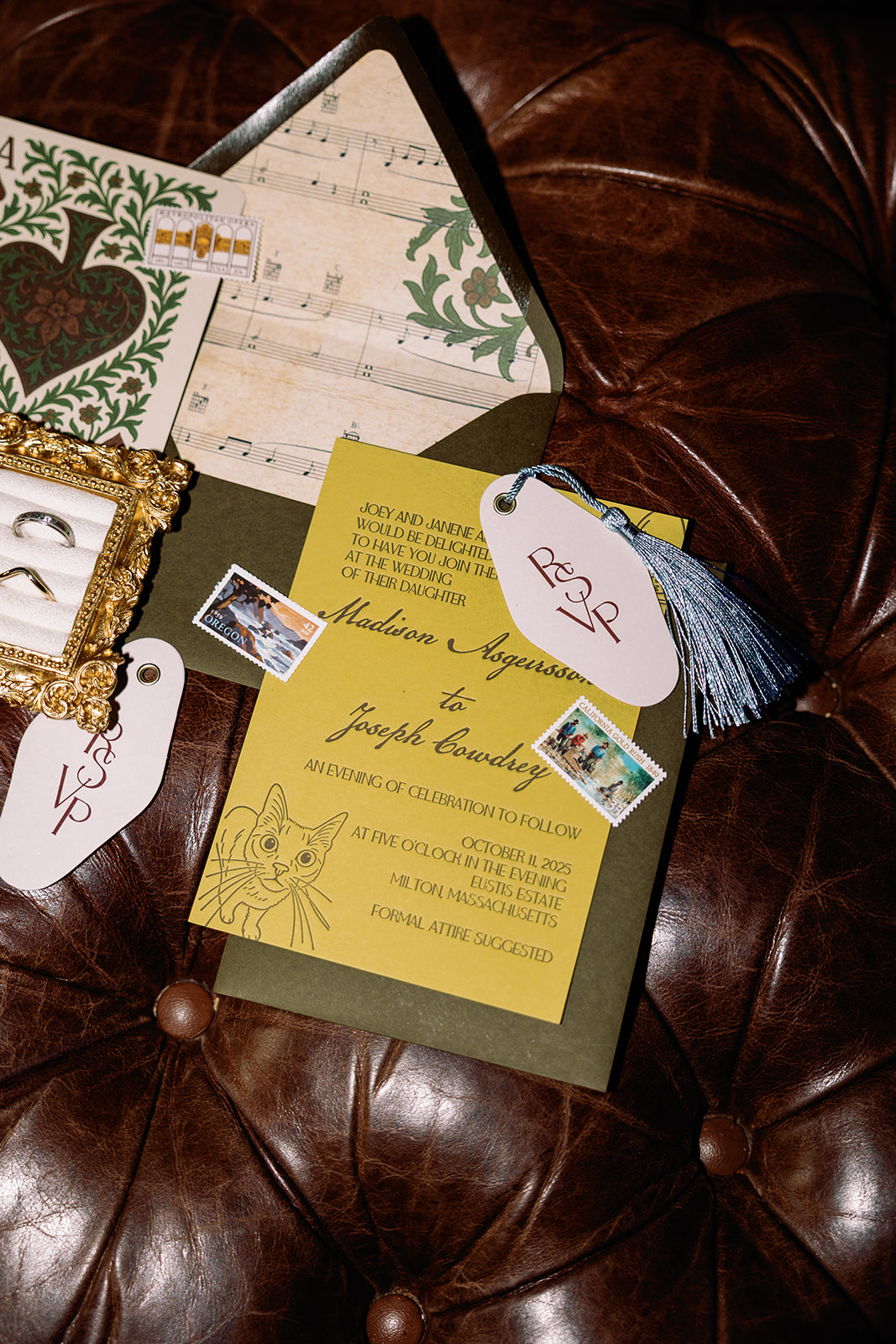 A Letterpress Invitation Suite with cat portrait and tassel details