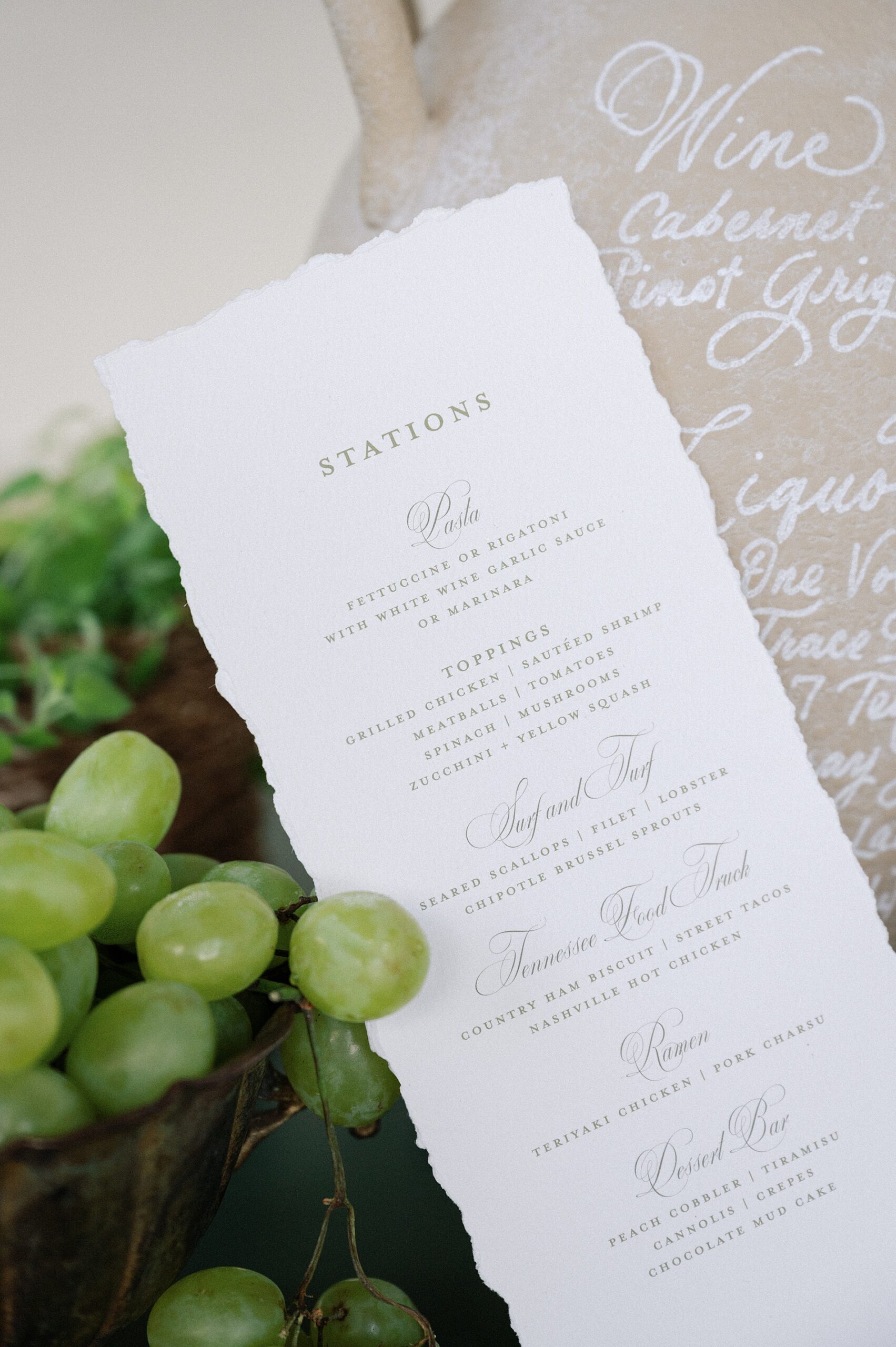 Italian-Inspired Wedding Details  with hand-deckled menus and custom bar menu hand lettered on a vase