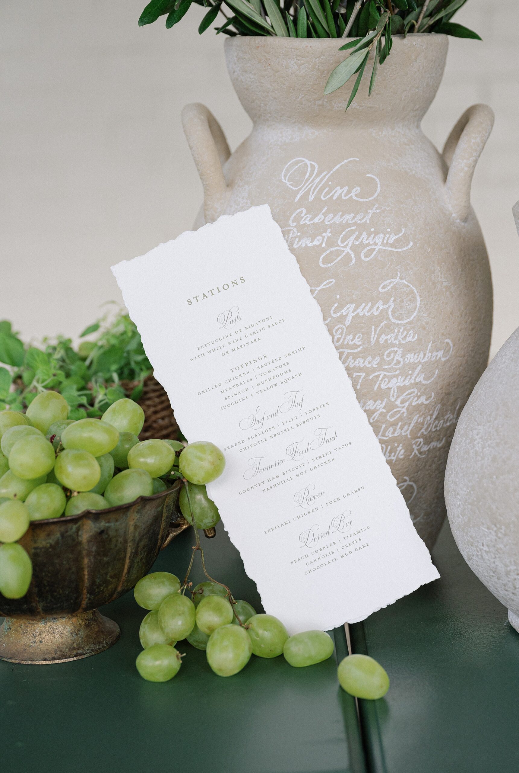 Italian-Inspired Wedding Details  with hand-deckled menus and custom bar menu hand lettered on a vase