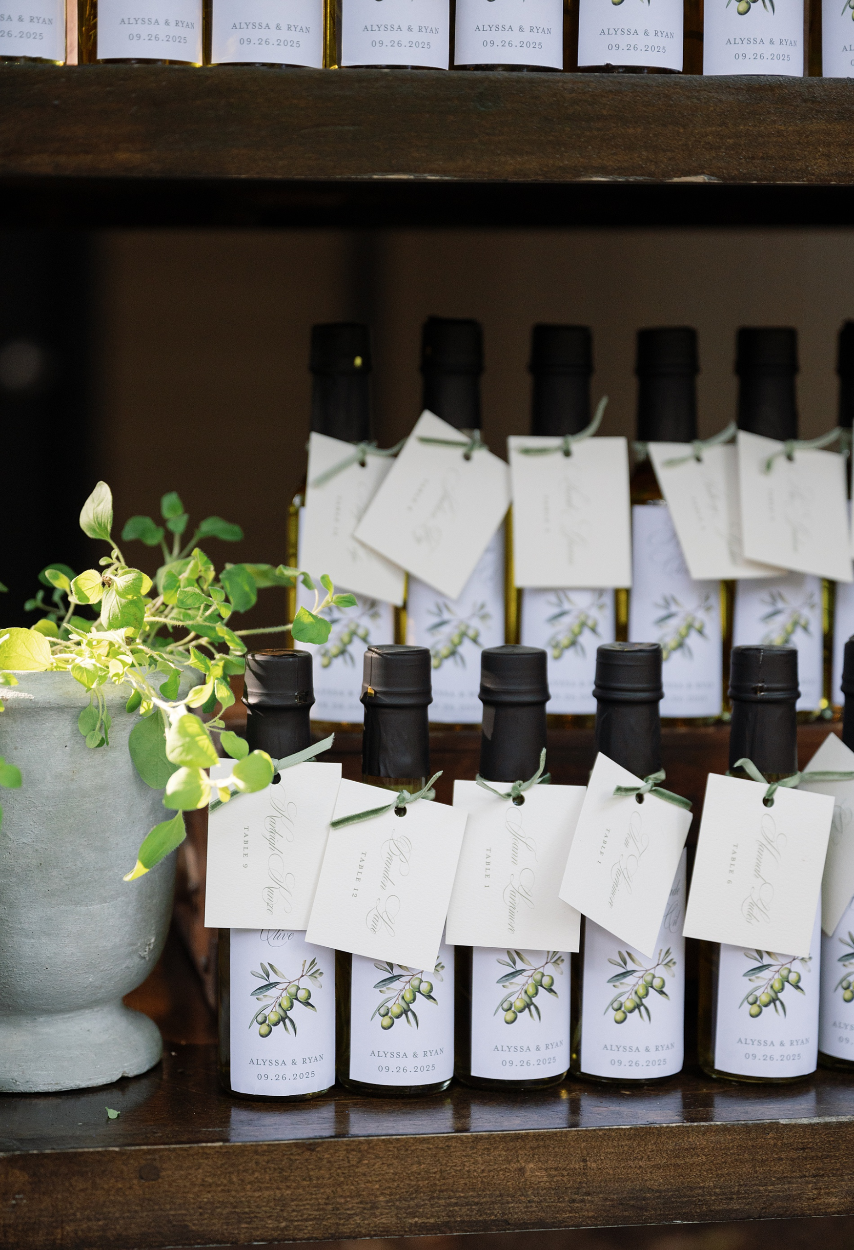 Custom Olive Oil Seating Chart  from Italian-inspired wedding at Cherokee Dock 
