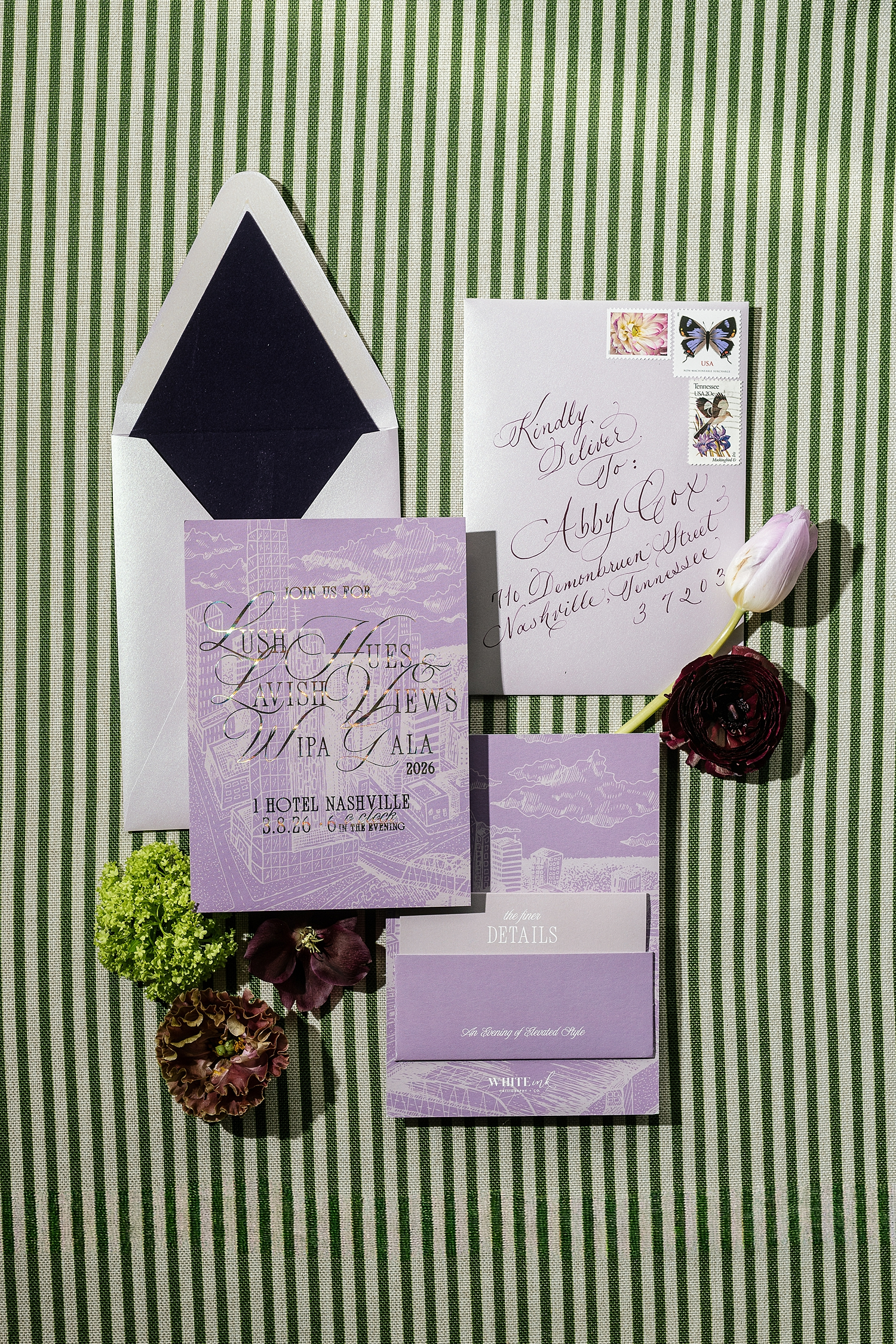Elegant event invitations to Nashville WIPA Gala with the theme Lush Hues and Lavish Views