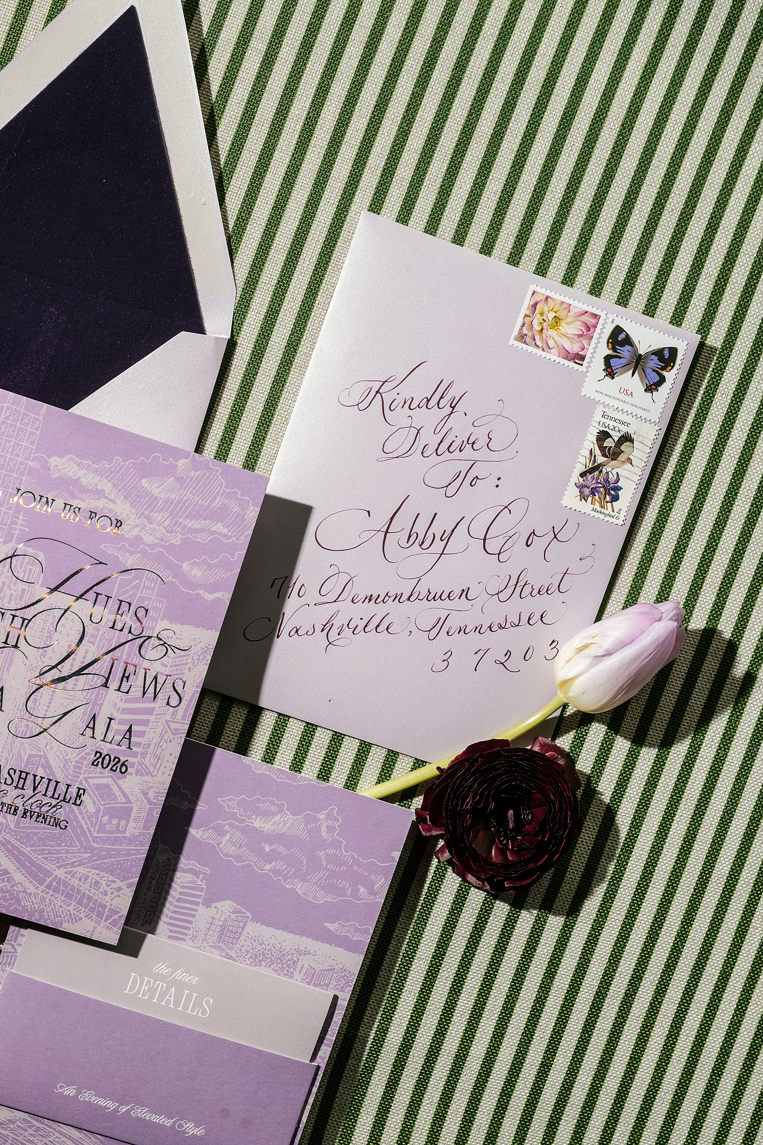Elegant event invitations to Nashville WIPA Gala with the theme Lush Hues and Lavish Views