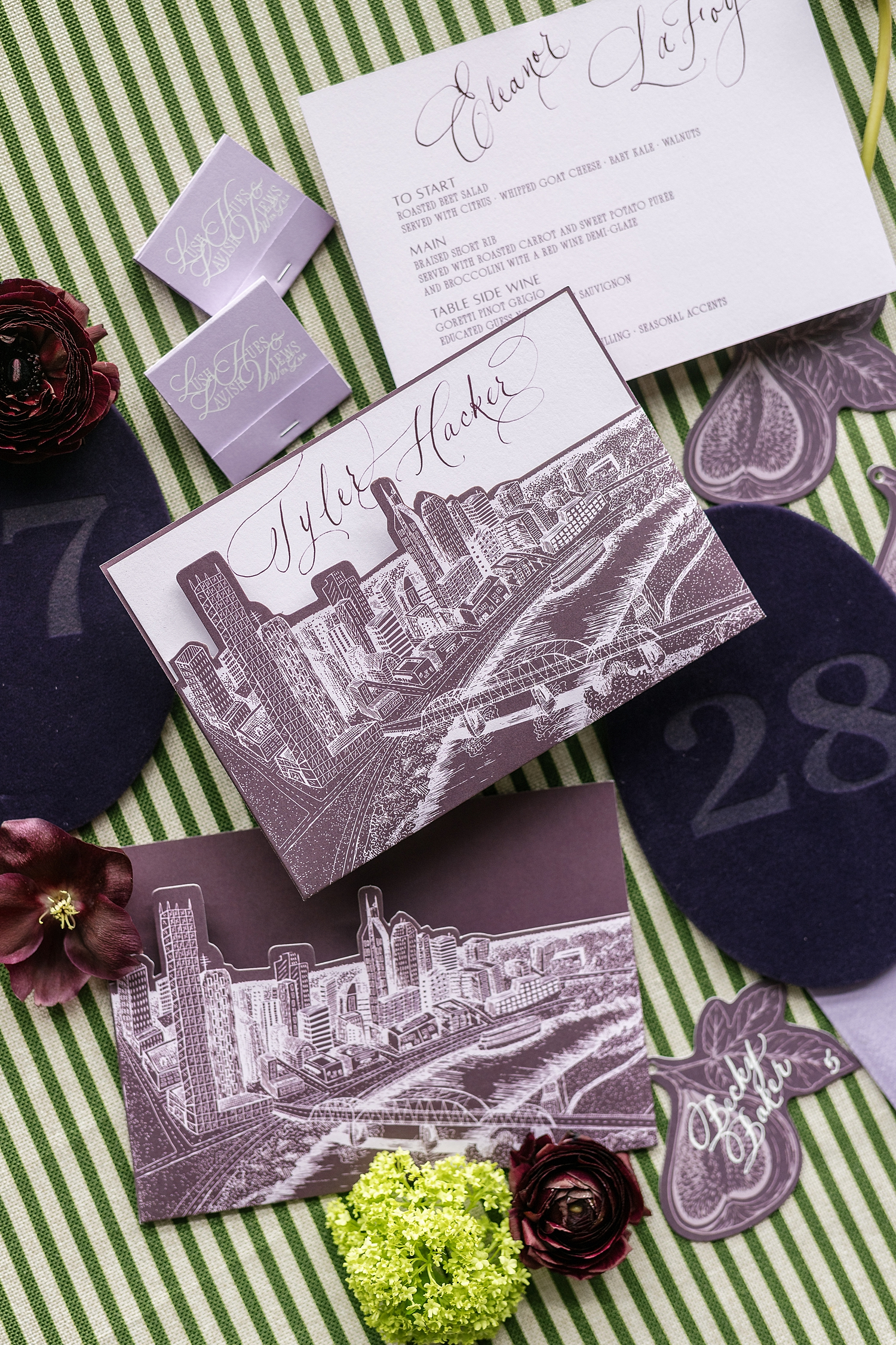 die cut custom menu pockets with Nashville Cityscape design | elevated event details by White Ink Calligraphy 