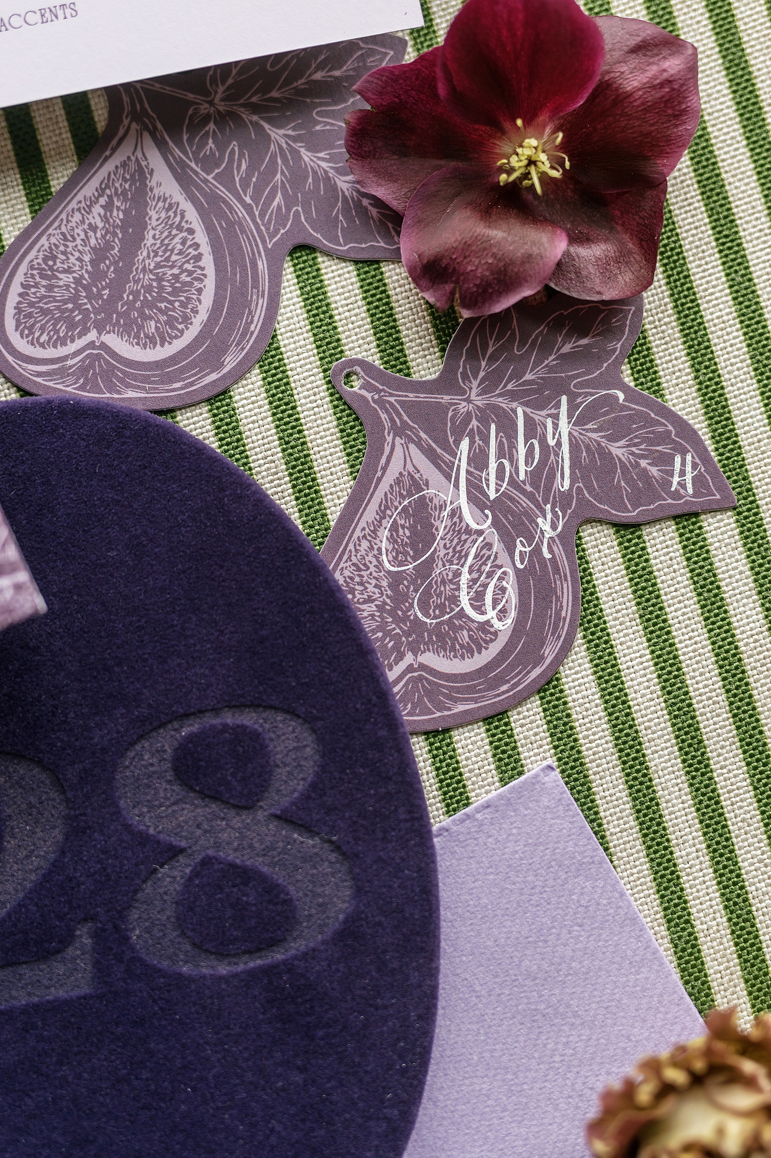 custom table numbers and escort cards in shape of figs