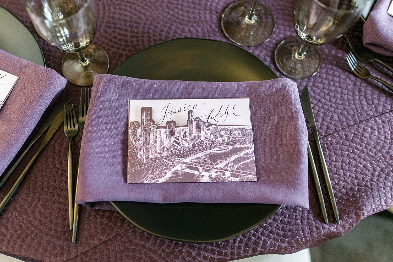 die cut custom menu pockets with Nashville Cityscape design | elevated event details by White Ink Calligraphy 