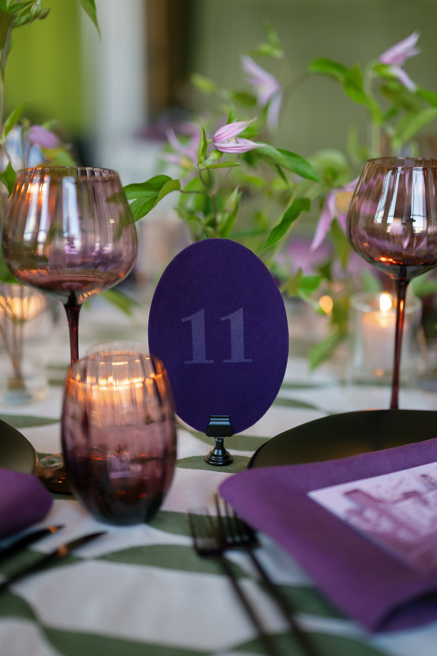 royal purple table numbers and elevated event details by White Ink Calligraphy 