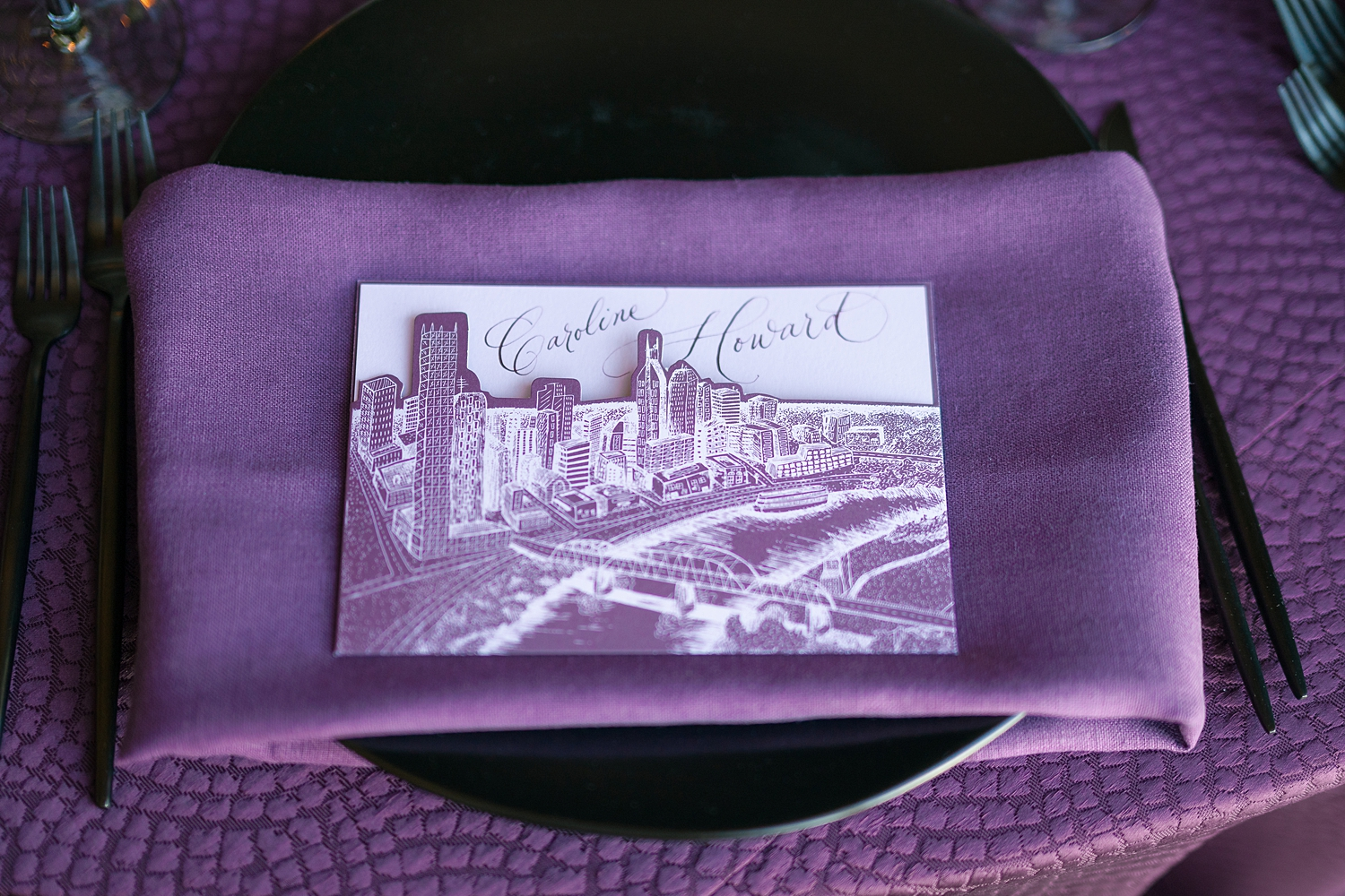 die cut custom menu pockets with Nashville Cityscape design | elevated event details by White Ink Calligraphy 