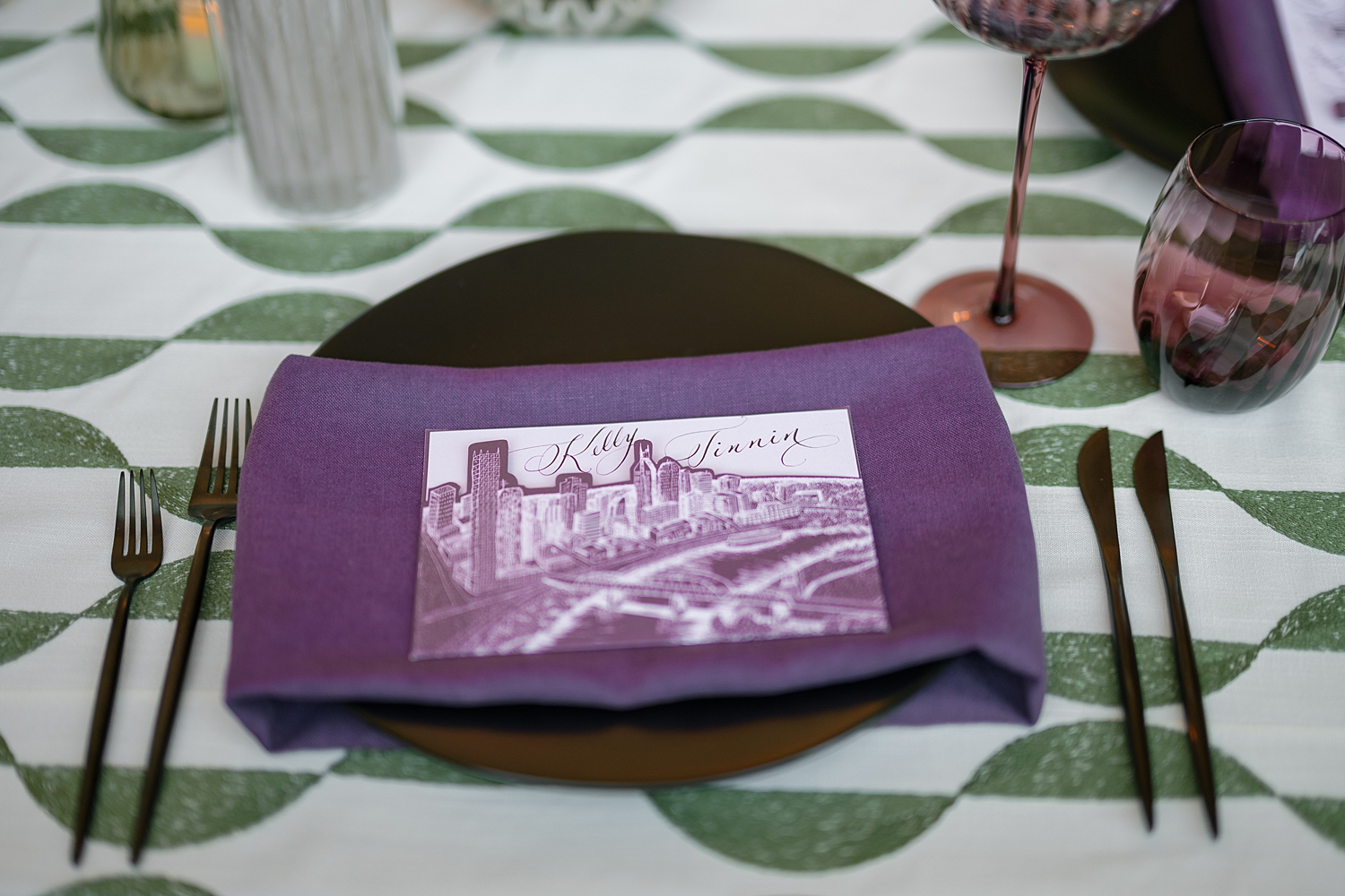 die cut custom menu pockets with Nashville Cityscape design 