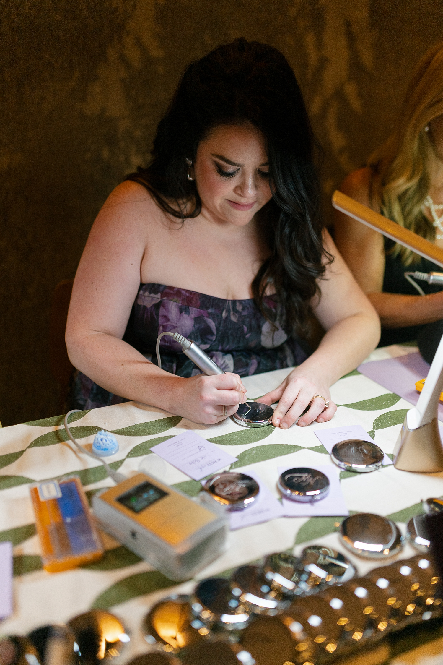 White Ink Calligraphy engraving compact mirrors for gala attendees 