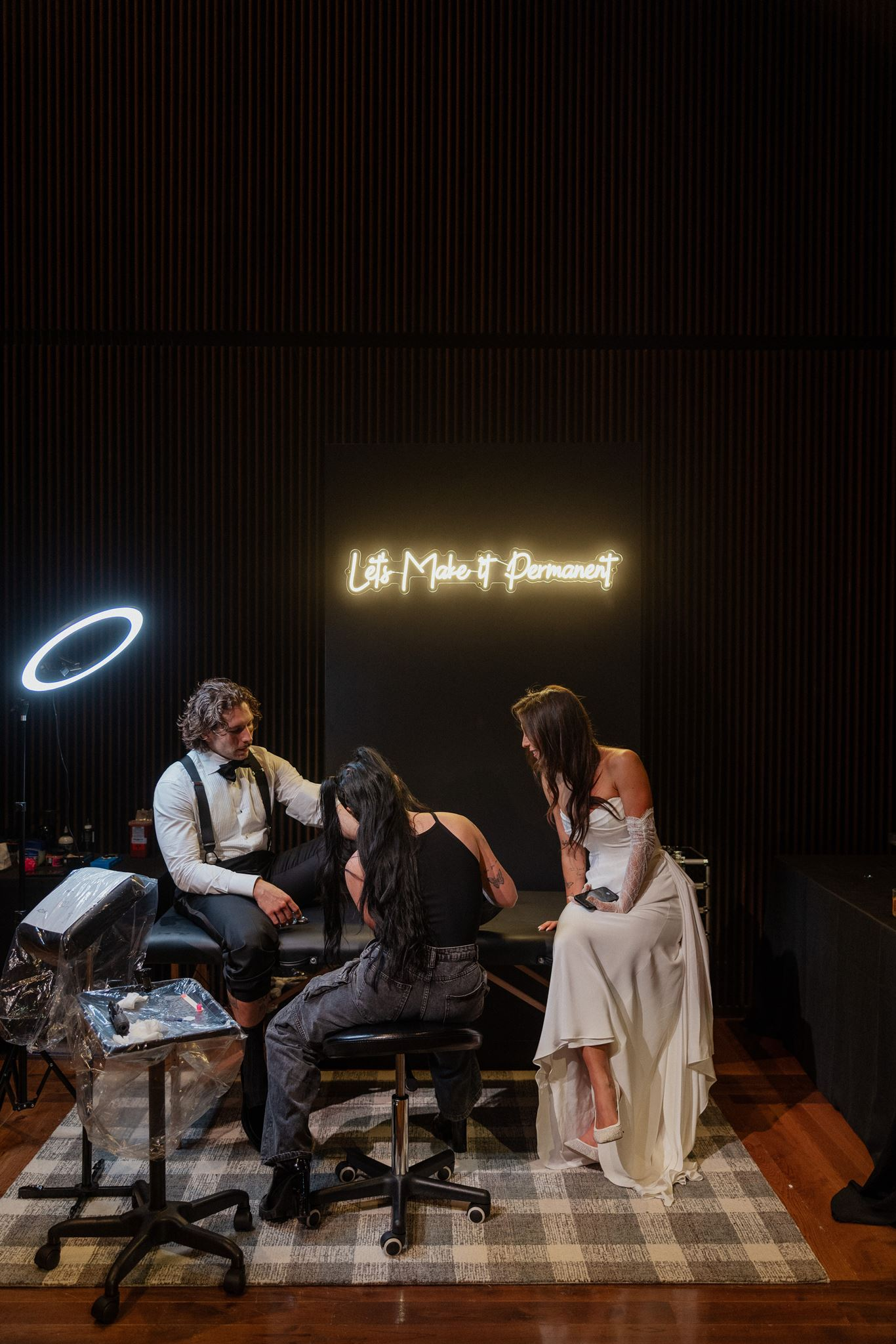 Neon sign reading "Lets Make it Permanent" for tattoo station at wedding reception created by Nashville wedding design house, White Ink Calligraphy 