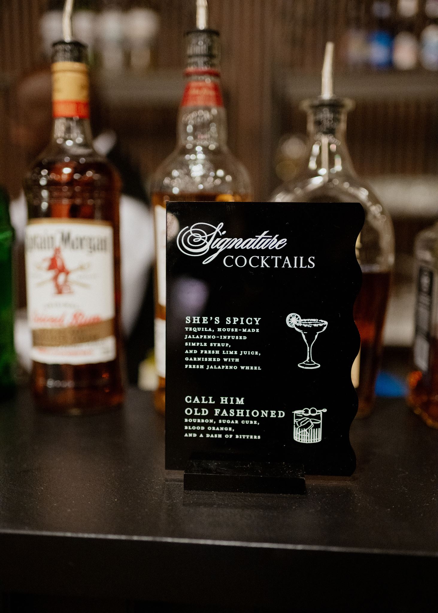 Signature cocktail sign at classic black and white wedding at Country Music Hall of Fame 