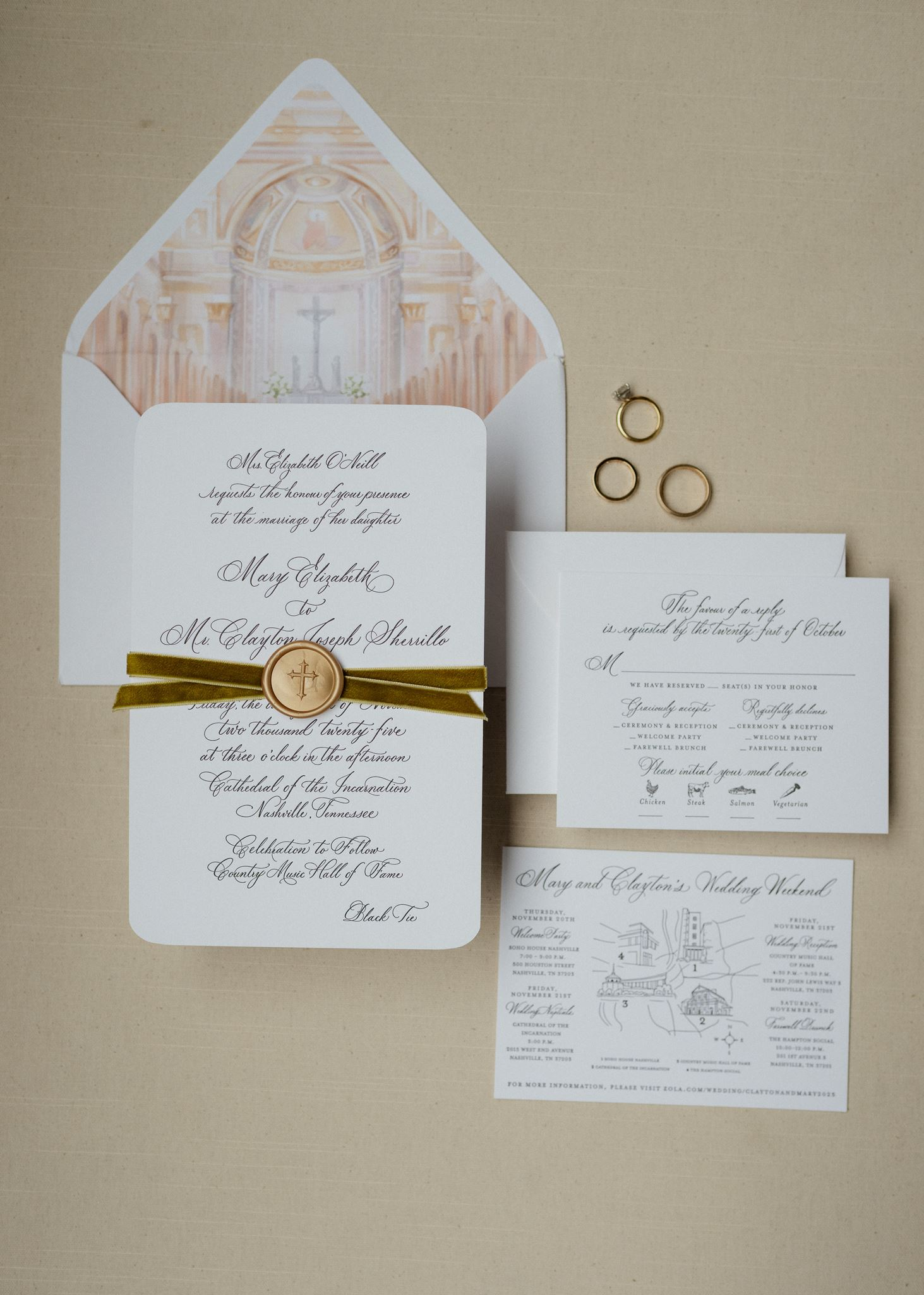 Classic Letter Pressed Wedding Invitations with calligraphy and Custom Envelope Liner of cathedral  created by Nashville wedding design house, White Ink Calligraphy 