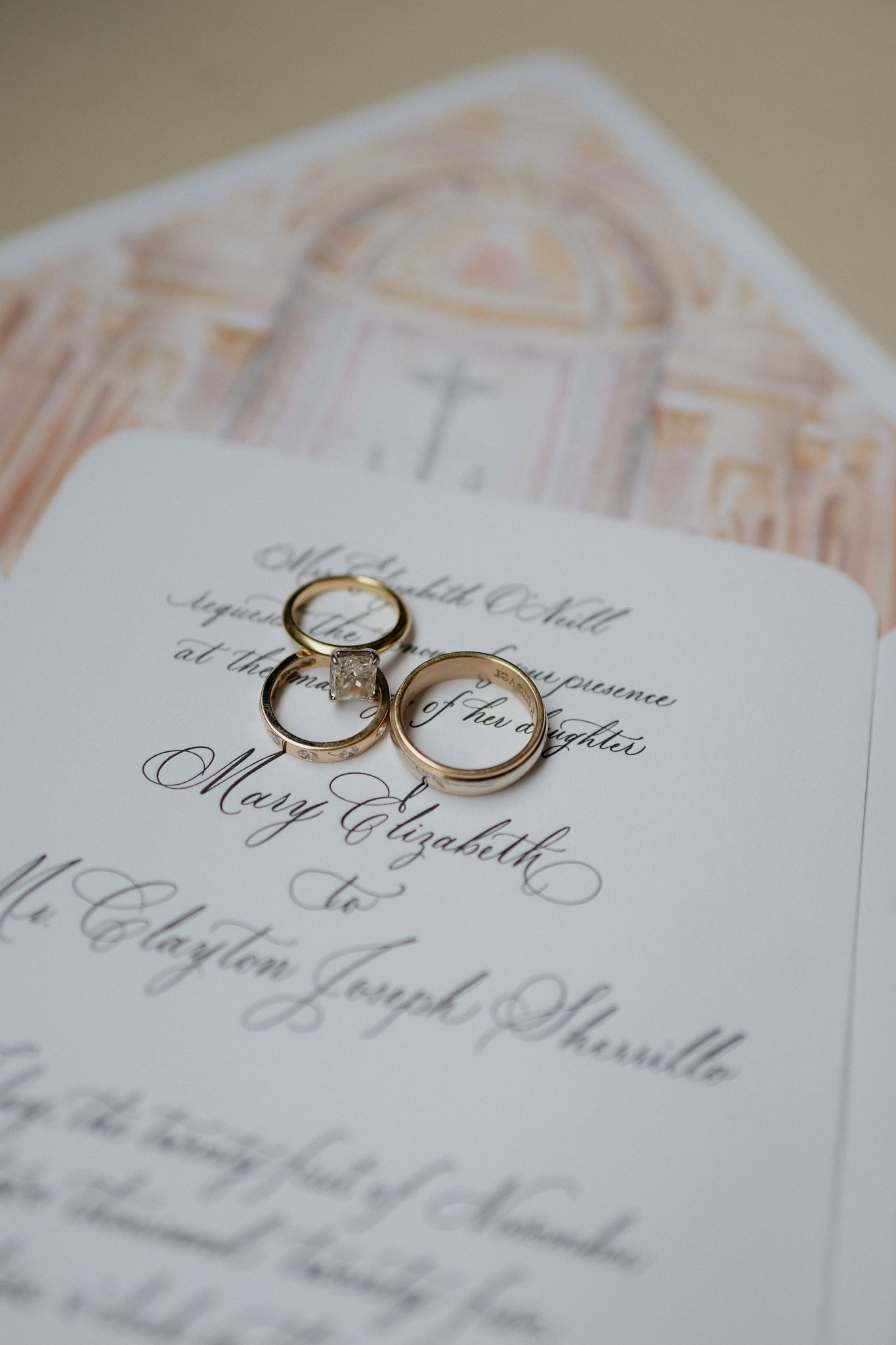 Classic Letter Pressed Wedding Invitations with calligraphy and Custom Envelope Liner of cathedral