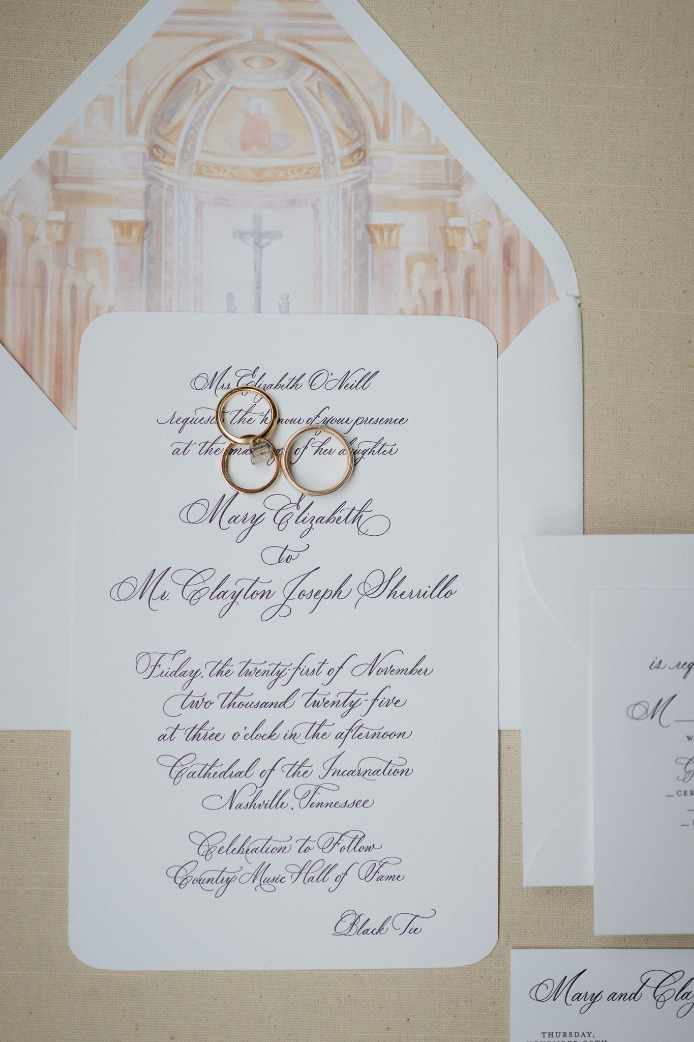 Classic Letter Pressed Wedding Invitations with calligraphy and Custom Envelope Liner of cathedral