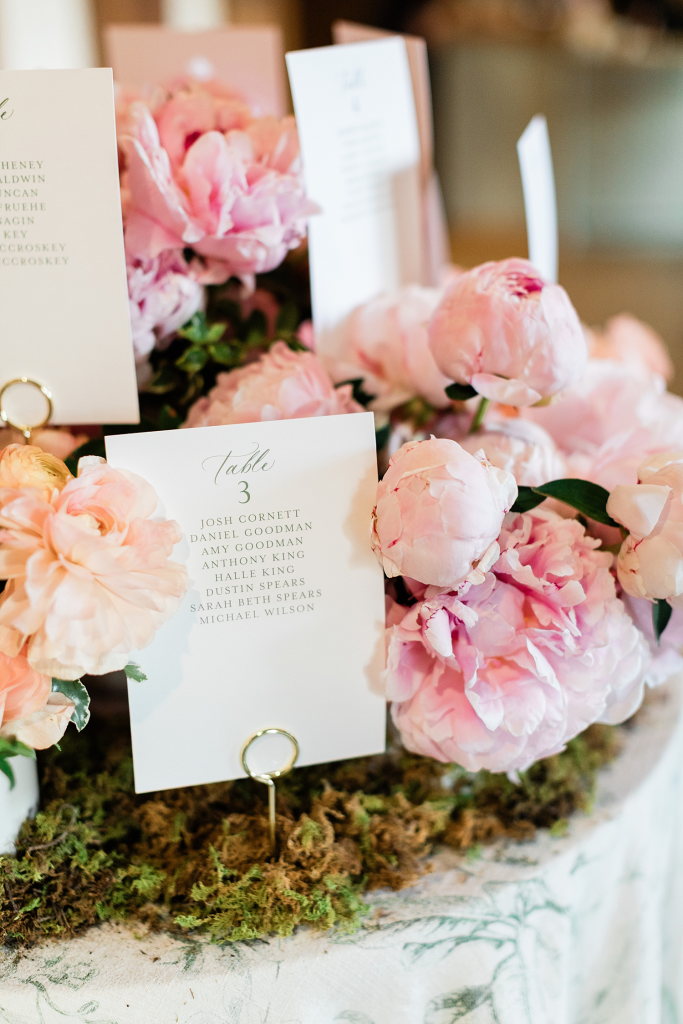 seating assignments mixed with spring flowers arranged on table