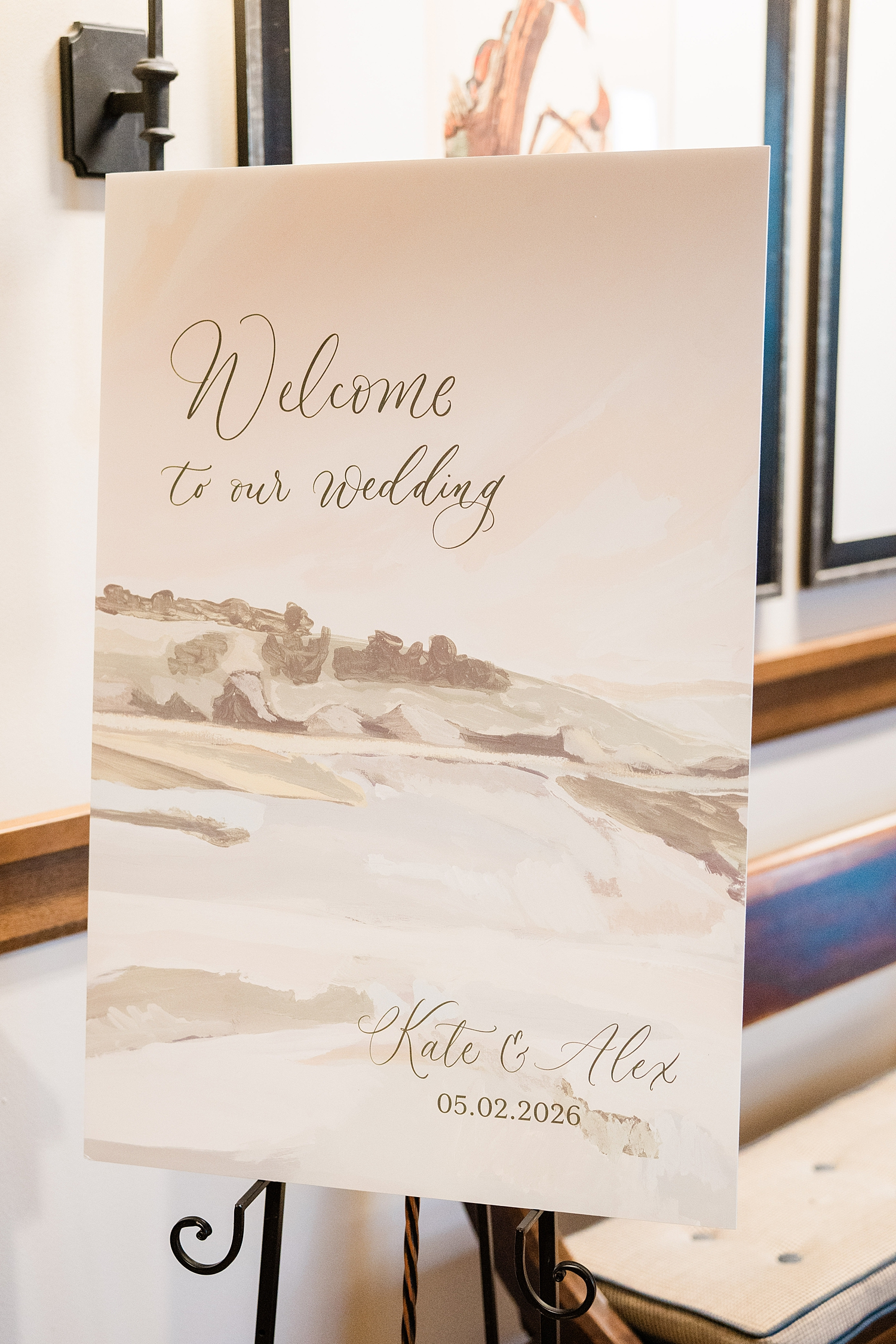 wedding welcome sign with the same custom artwork from envelope liner