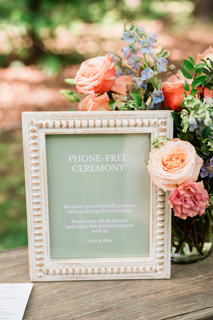 framed phone-free ceremony sign in spring green