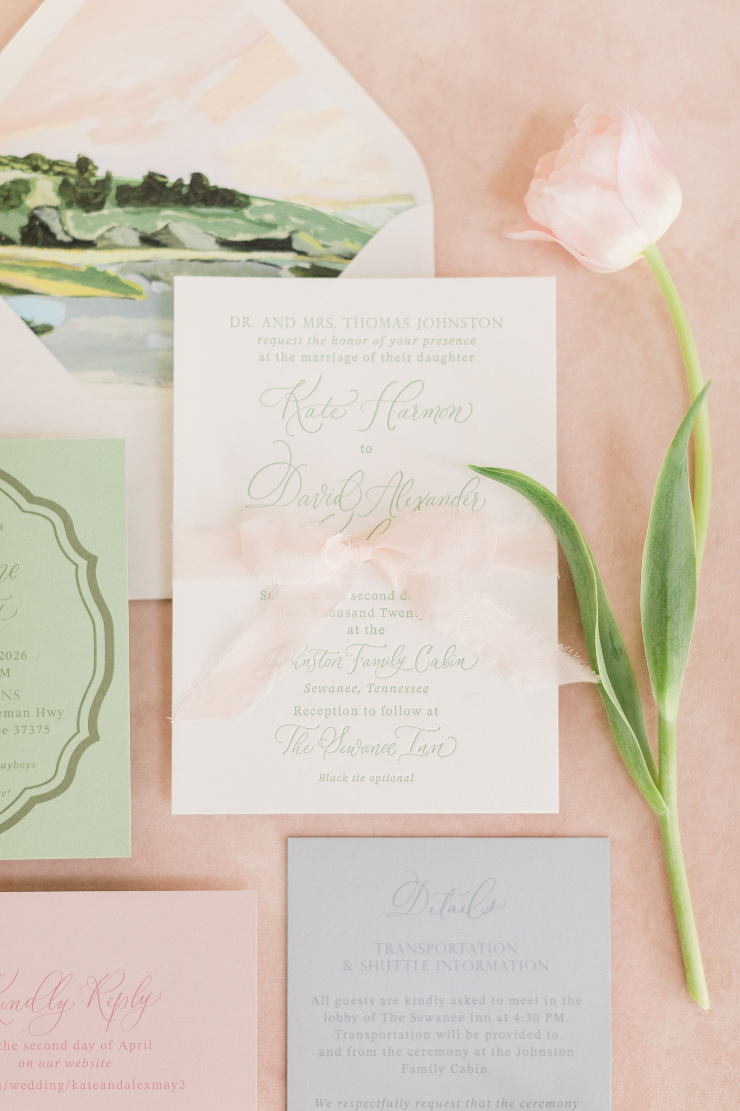 Spring Garden Wedding invitation suite with soft colors, letterpress invitation, and custom envelop liner