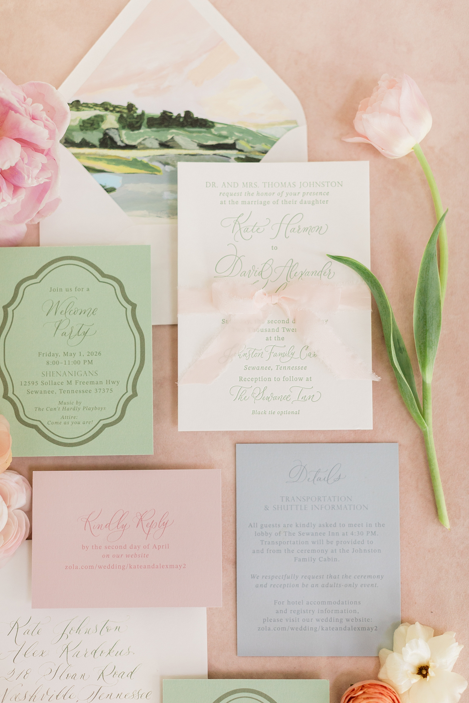 Spring Garden Wedding invitation suite with soft colors, letterpress invitation, and custom envelop liner