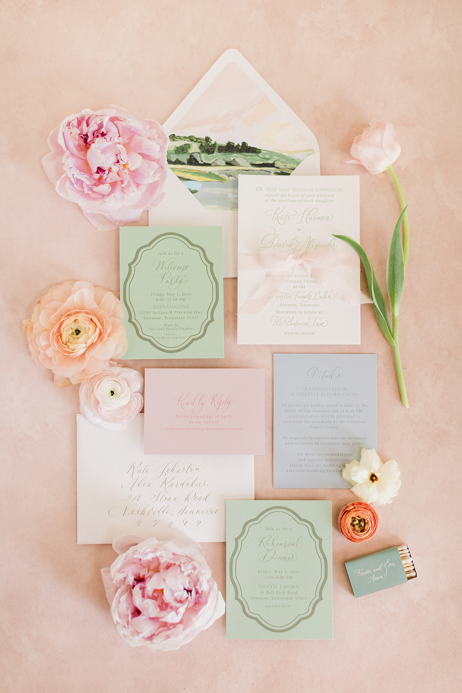 Spring Garden Wedding invitation suite with soft colors, letterpress invitation, and custom envelop liner