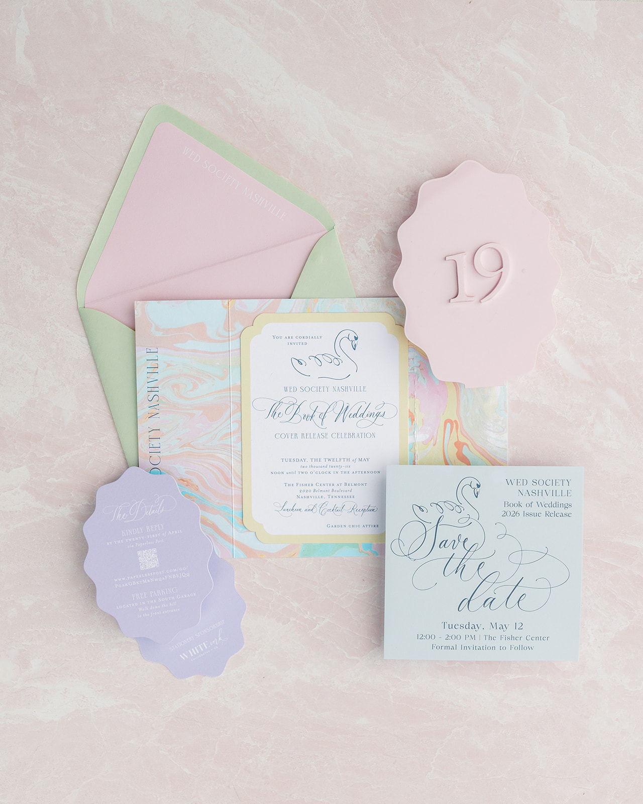 Wed Society Nashville Book of Weddings Event with Marble Artwork and Swan Details