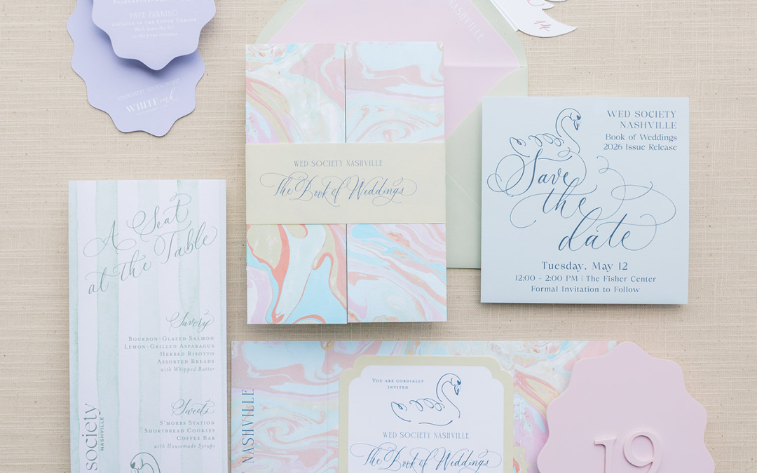 Wed Society Nashville Book of Weddings Event with Marble Artwork and Swan Details