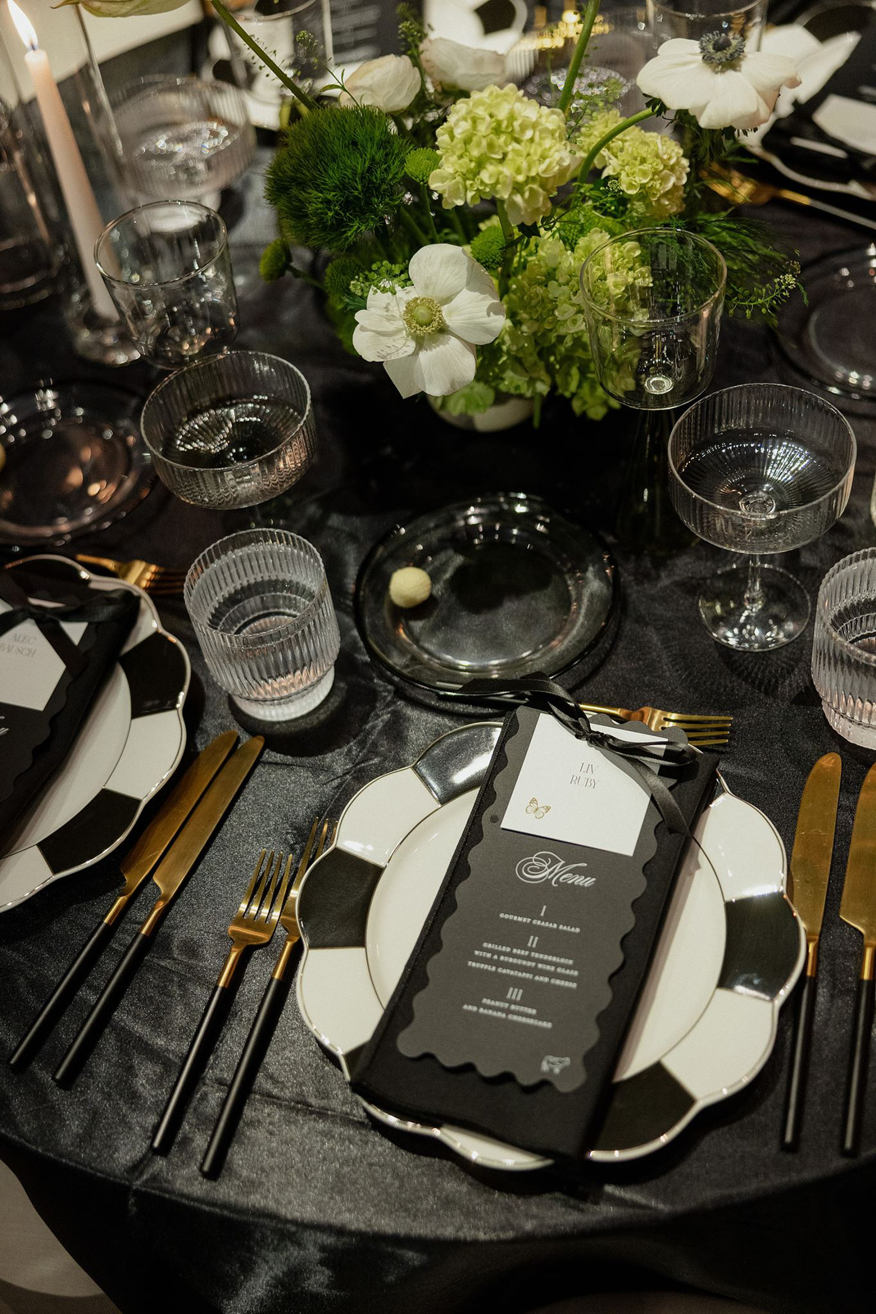 scalloped edge menu for black tie wedding 