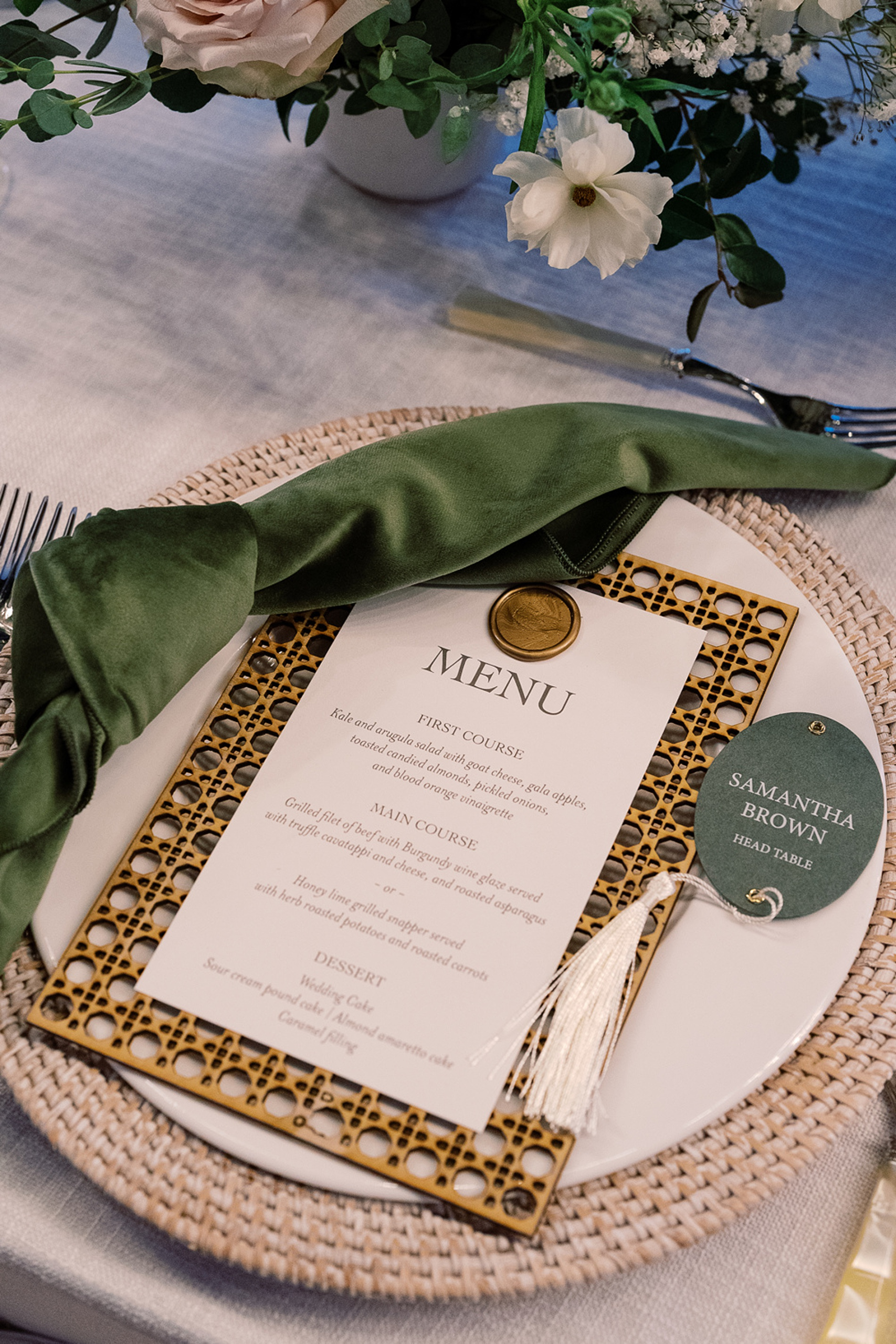Custom Wedding Menus with gold embossing and cane backing