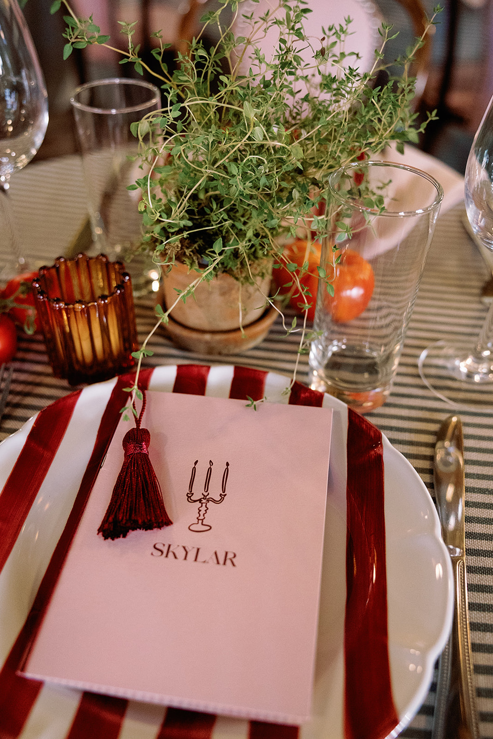 booklet style wedding menu with red tassel 