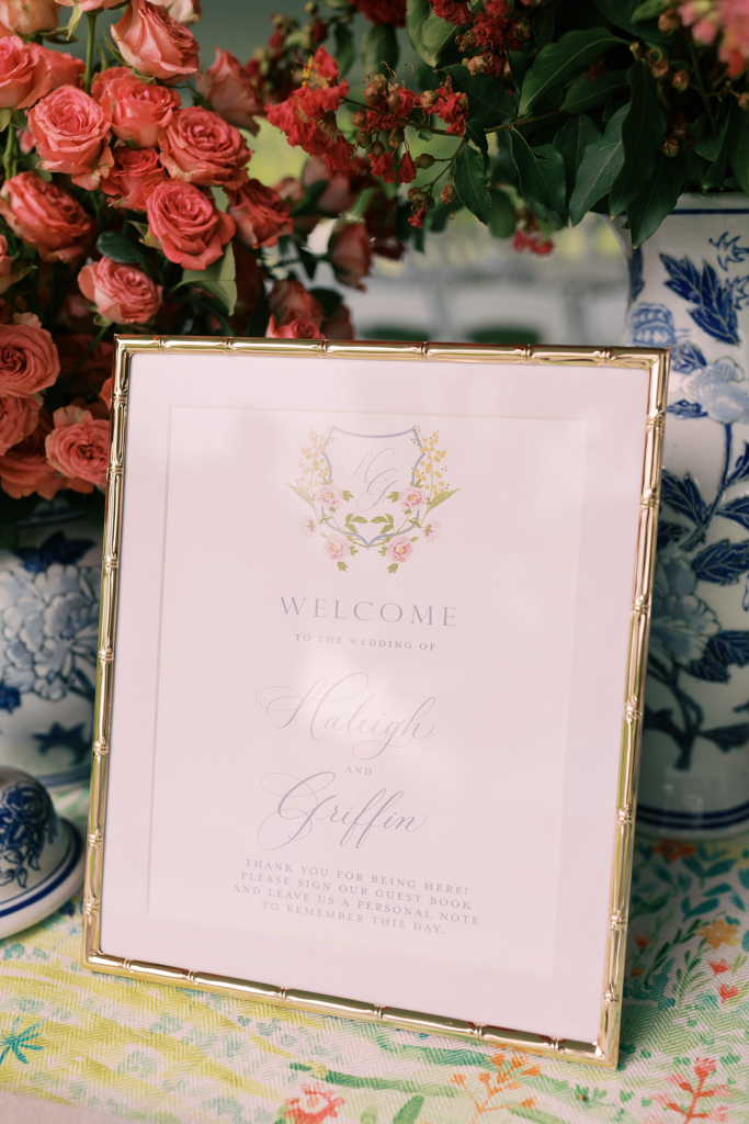Framed wedding welcome sign on table