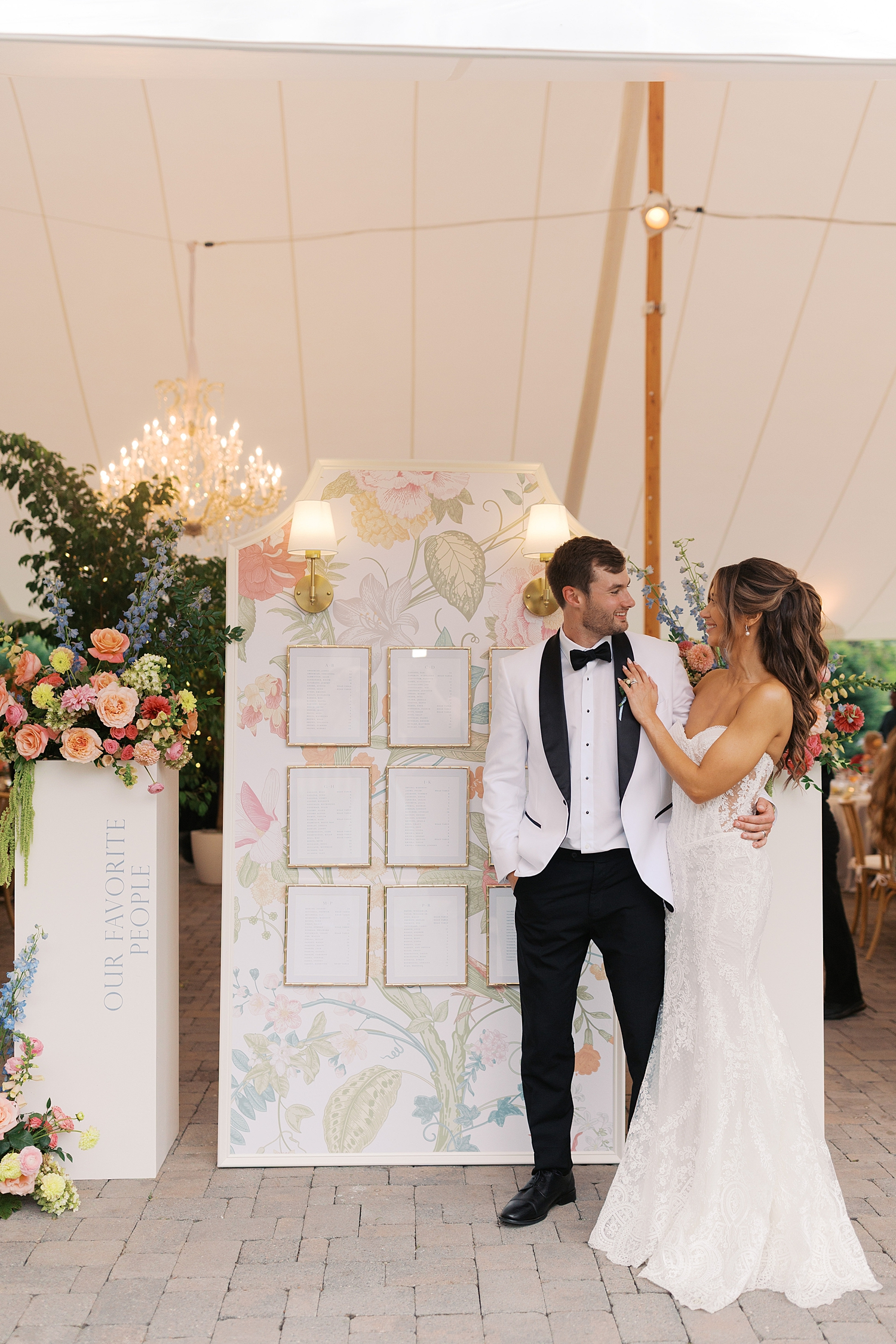 newlyweds at reception by custom seating chart created by White Ink Calligraphy