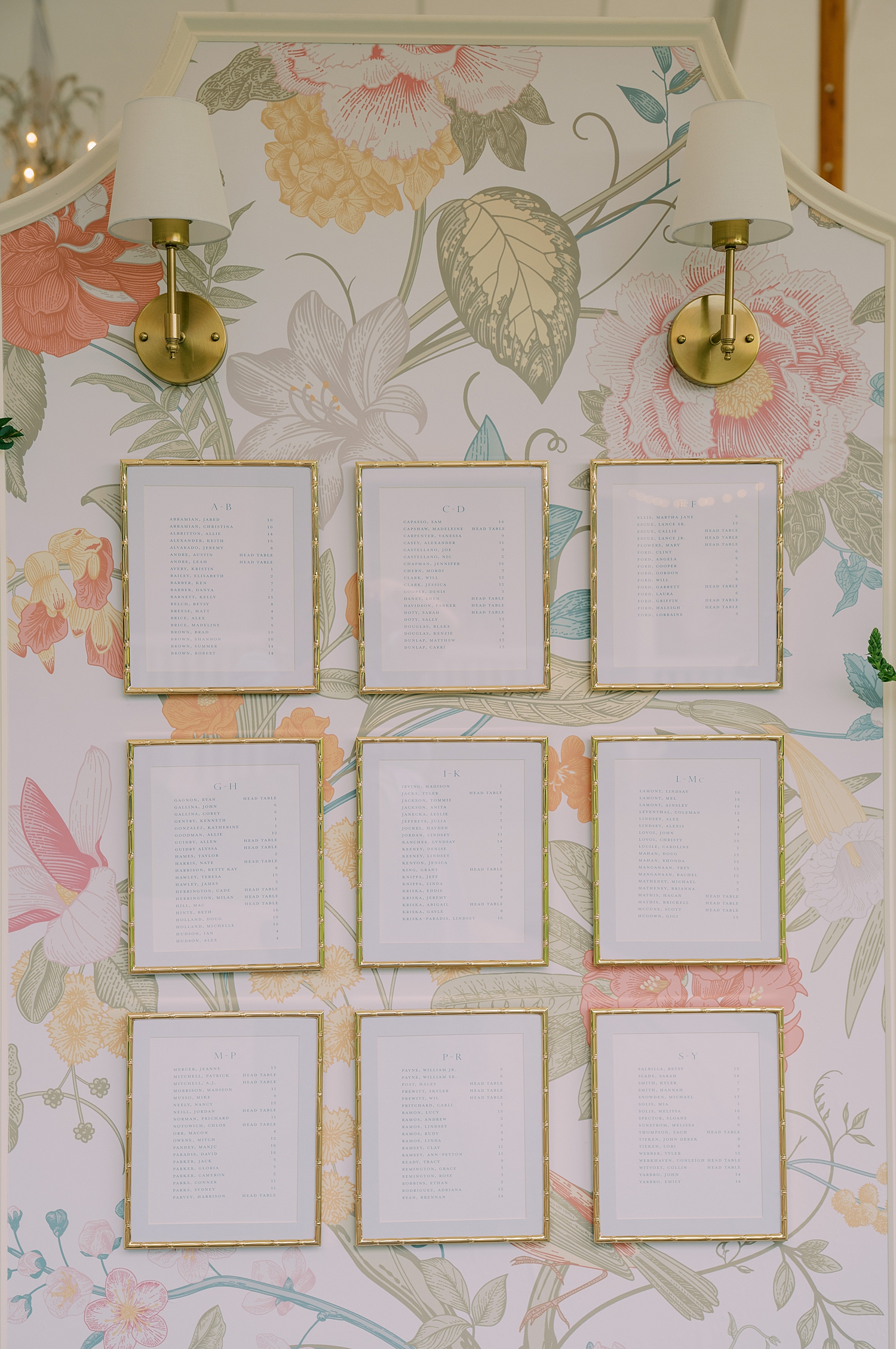 gold-framed seating chart assignments on display