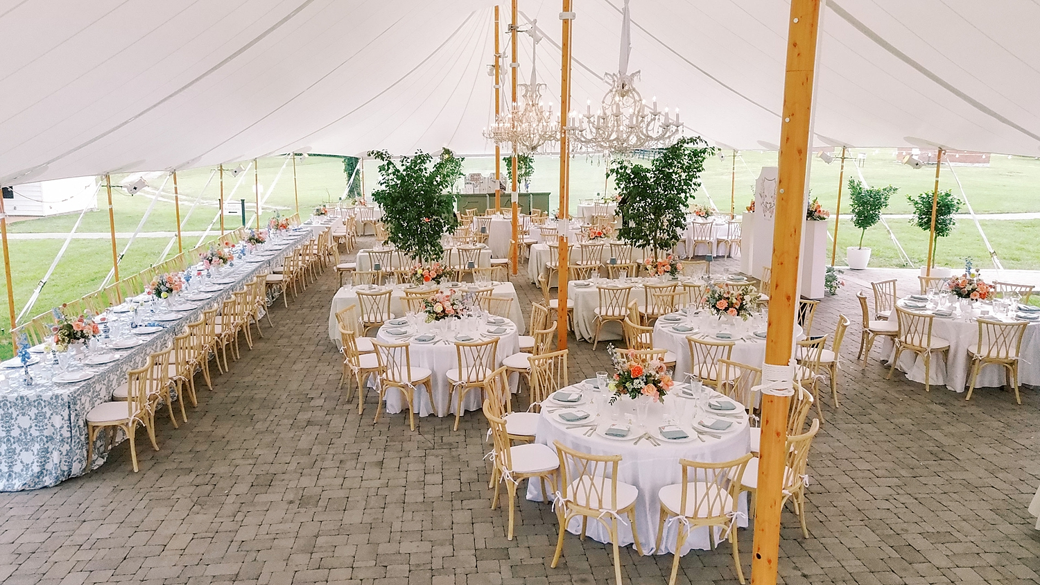 custom Ravenswood wedding reception details under sailcloth tent